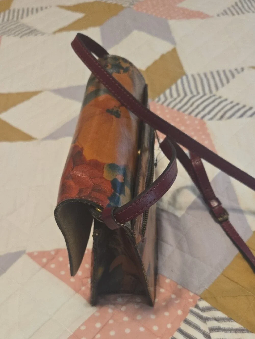 Patricia Nash Floral Leather Crossbody in Brown and Burgundy
